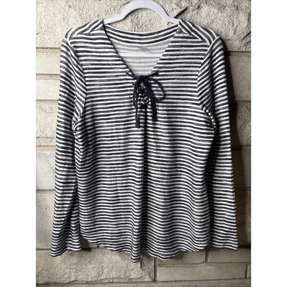 St. John's Bay striped, laced, Long Sleeve top Blue White Ladies Size XL